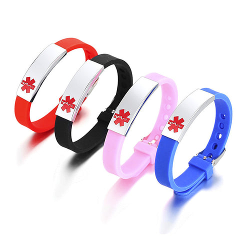 Medical alert ID bracelet in all four colors — red, black, pink, blue